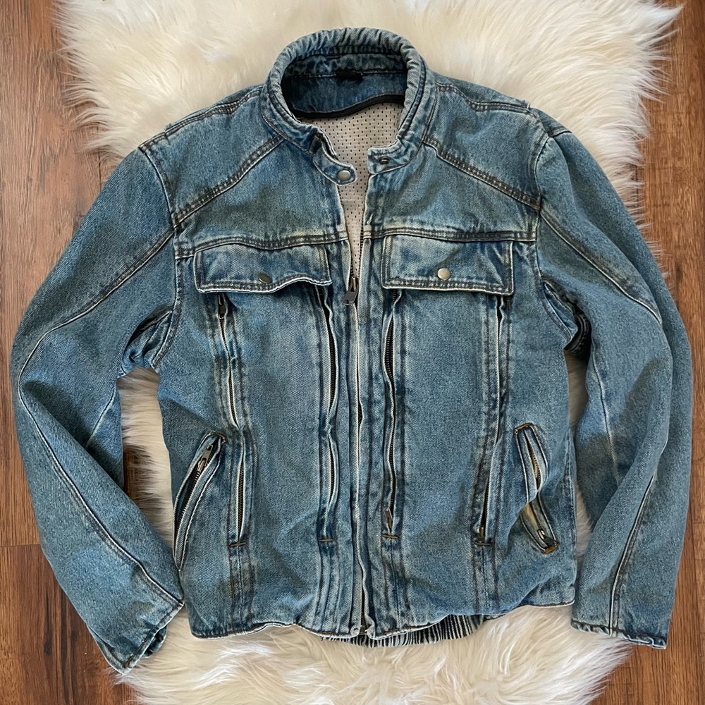 Unbranded Motorcycle Jean Denim Jacket Medium MultiPocket Full Zip Vented Cotton
